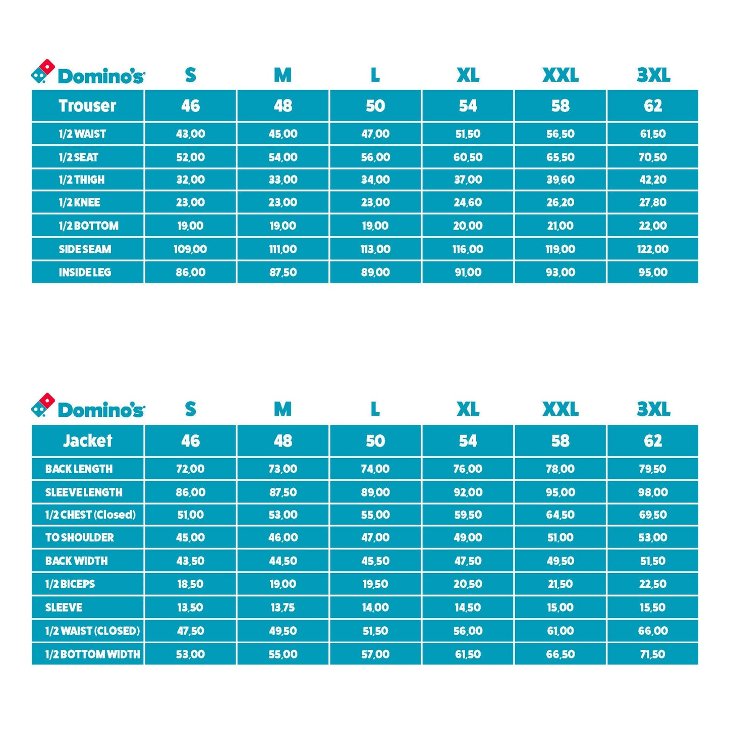 domino's size chart