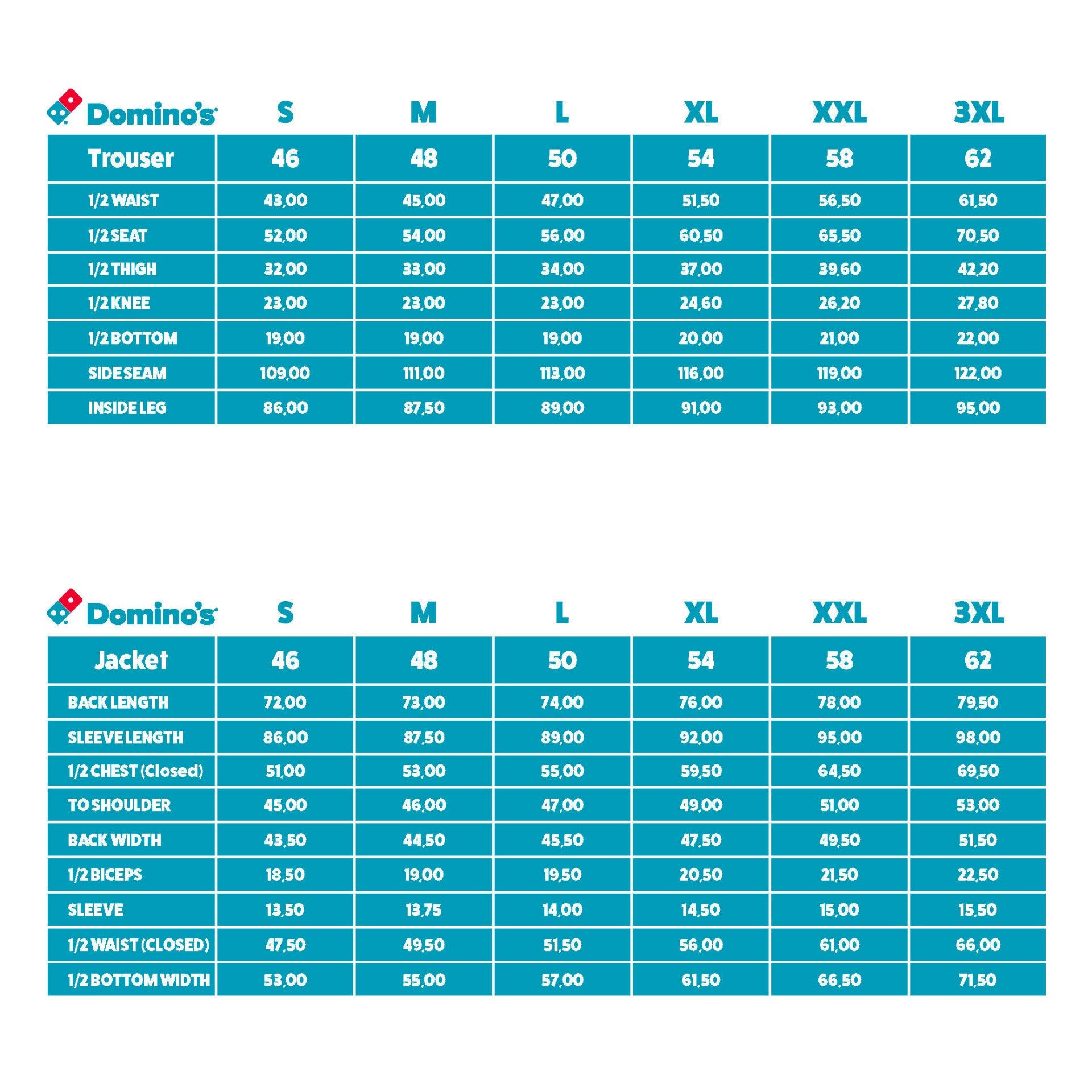 domino's size chart